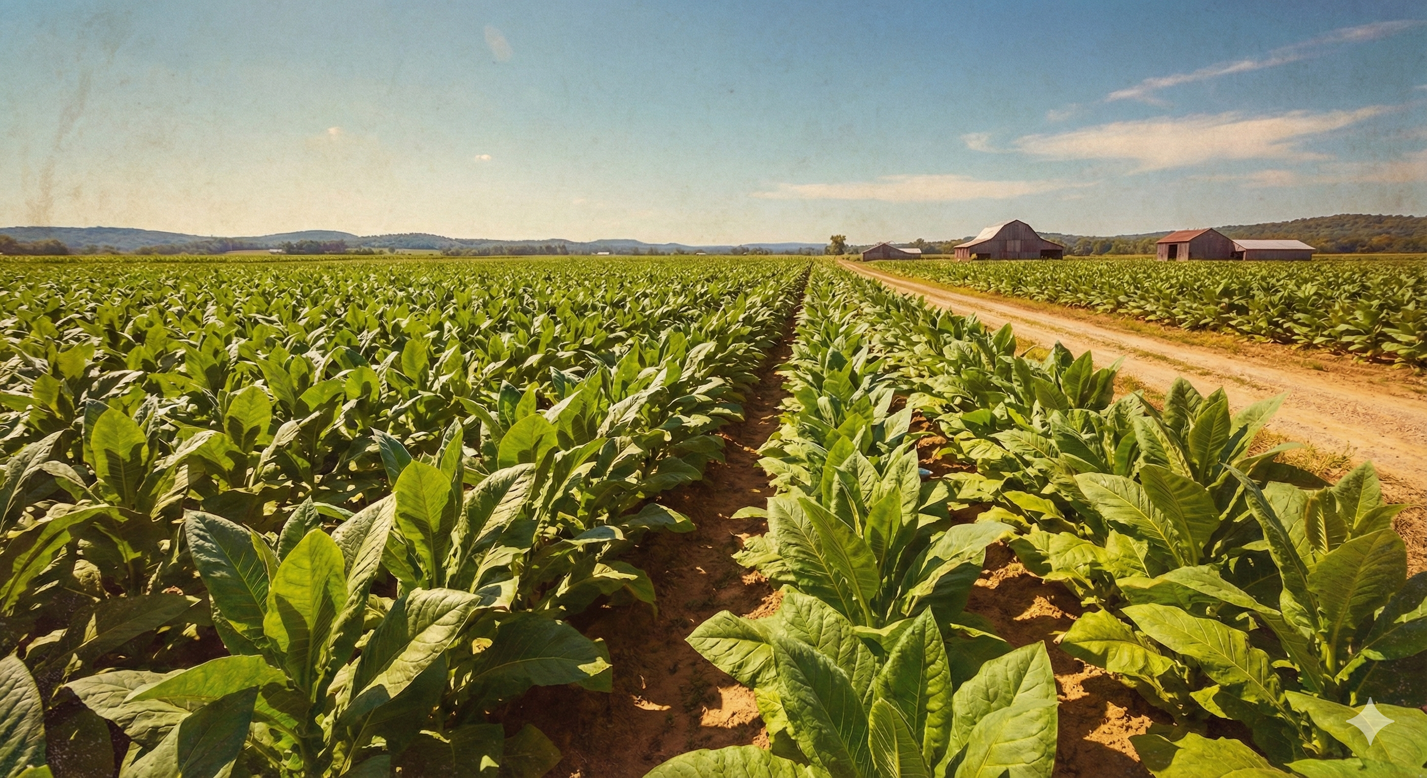 Tobacco field with rows stretching into the distance under a clear blue sky.