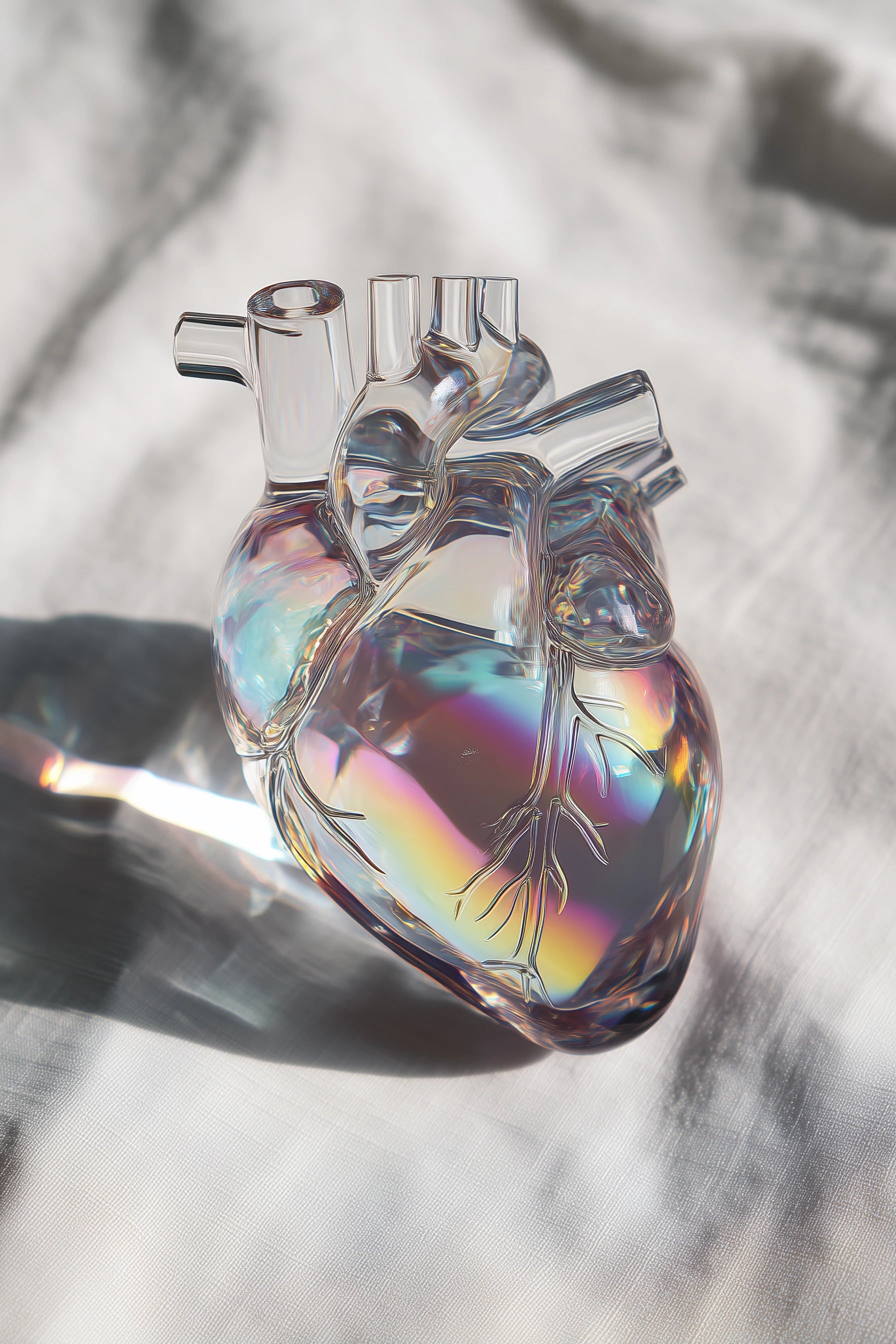 Iridescent glass heart-shaped object on a neutral background